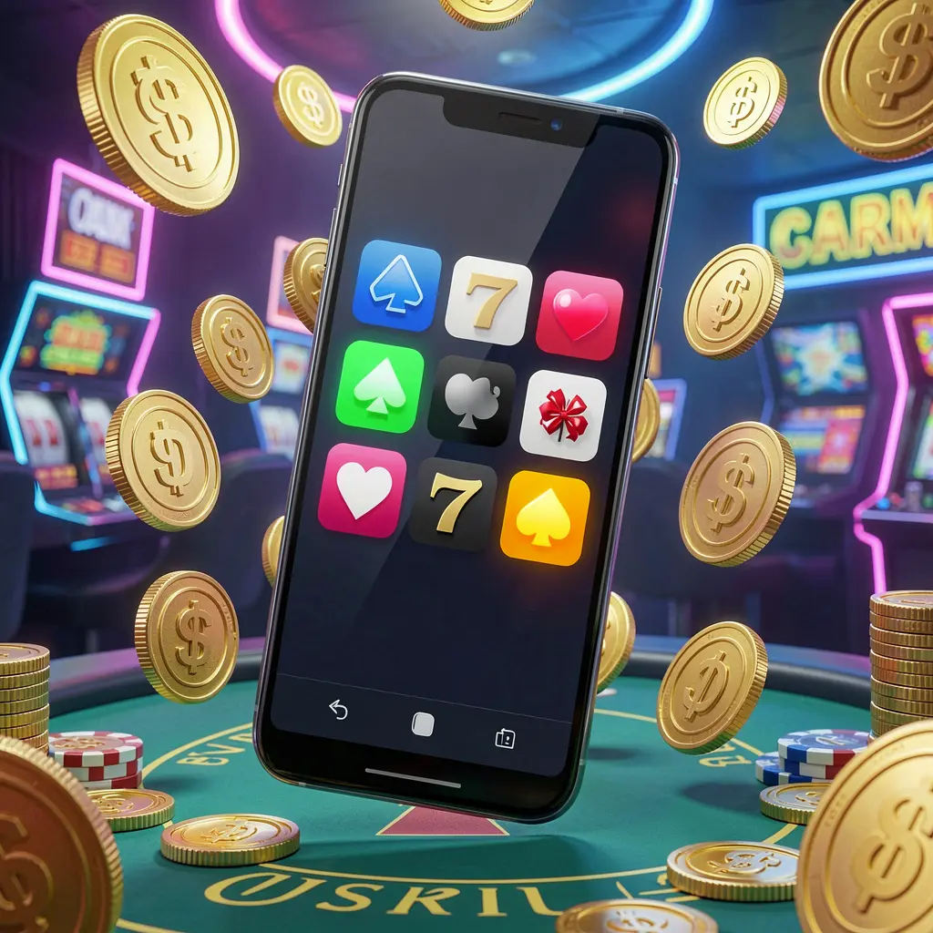 Realistic 3D render of a modern phone displaying the ZAS36 Android casino app with app icons, surrounded by golden coins and slot symbols floating in a neon casino atmosphere in Malaysia