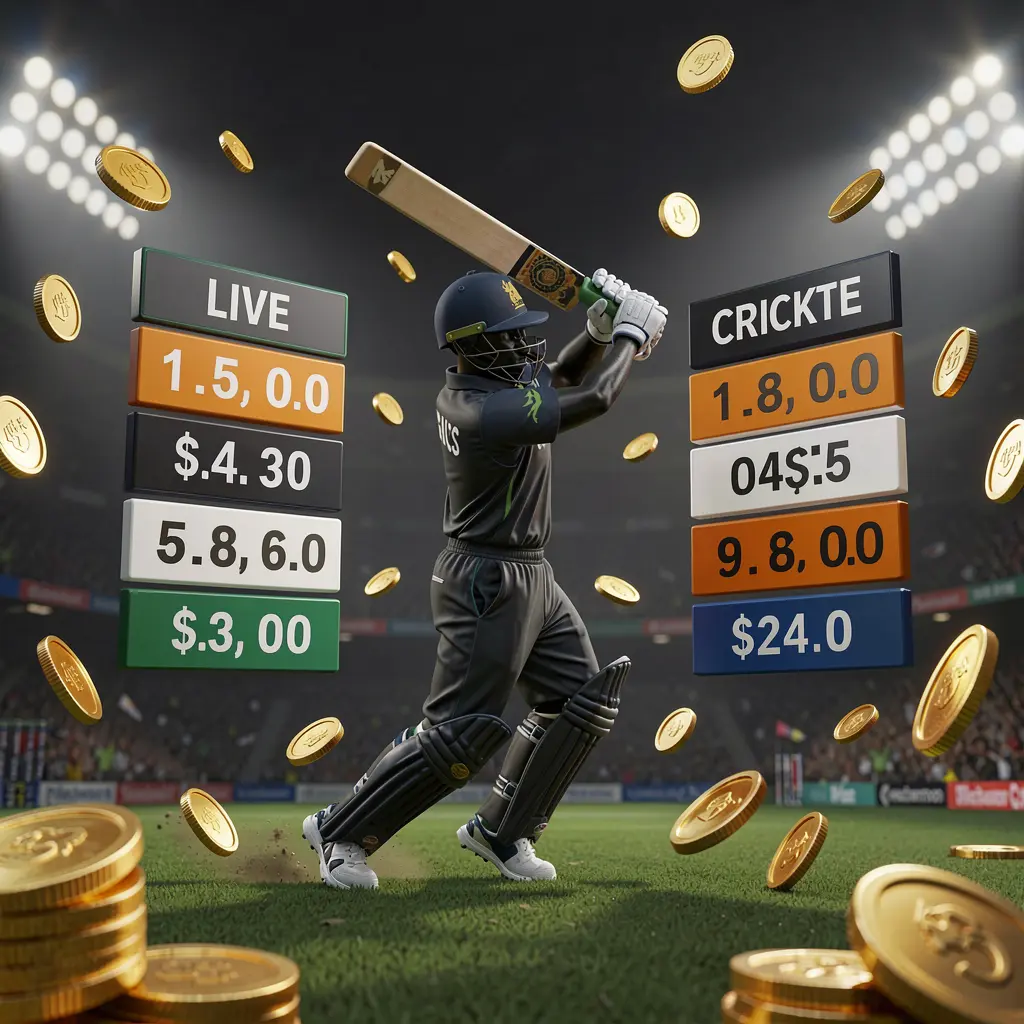 ZAS36 live cricket odds visual featuring a cricket player silhouette batting under stadium lights with floating odds graphics and golden coins on a premium dark sports background in a realistic 3D render