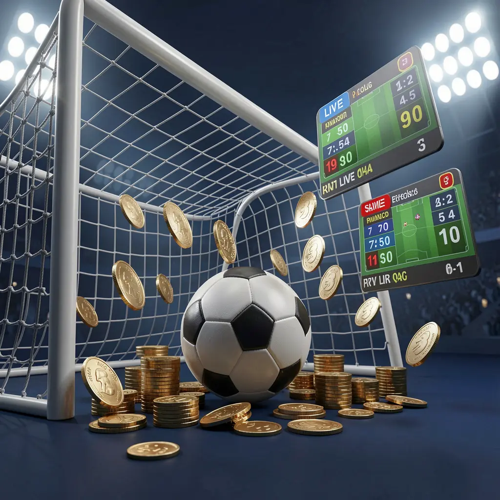 Realistic 3D render of a football goal net with a soccer ball, stadium lights, coins, and floating live score panels on a dark blue premium background, representing ZAS36 sports betting page