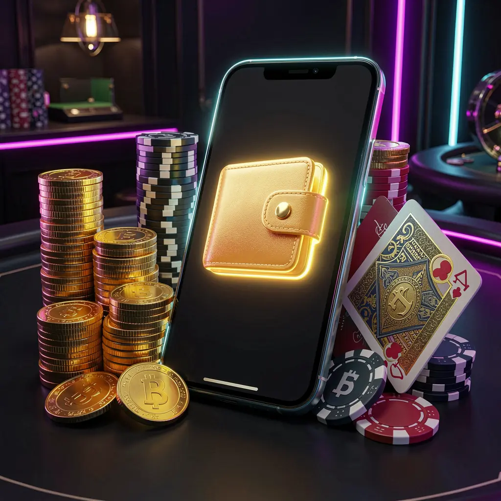 ZAS36 online casino deposit bonus concept with a smartphone displaying a glowing wallet icon surrounded by stacks of golden coins, poker chips, and bank cards on a dark luxury background with neon highlights in a realistic 3D style