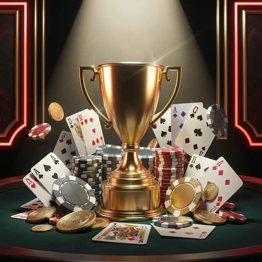 Golden trophy surrounded by poker chips, playing cards, and coins under bright spotlight in a competitive luxury casino atmosphere with red and gold neon accents, representing ZAS36 casino tournament bonus