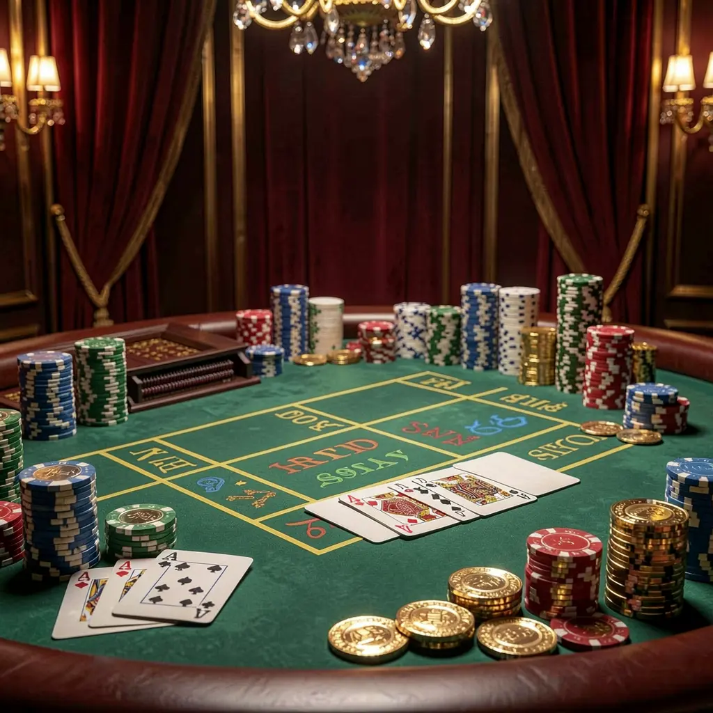 ZAS36 luxury casino atmosphere featuring a blackjack table with poker cards, stacks of chips, and sparkling coins against a dark red and gold background in a cinematic realistic render