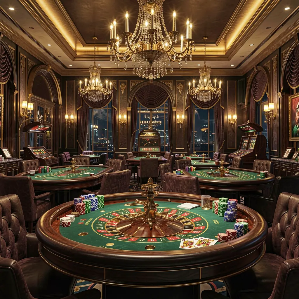 High-end casino lobby with golden lights, roulette tables, chips and cards in an elegant premium design featuring ZAS36 branding, set against a dark cinematic background in Malaysia