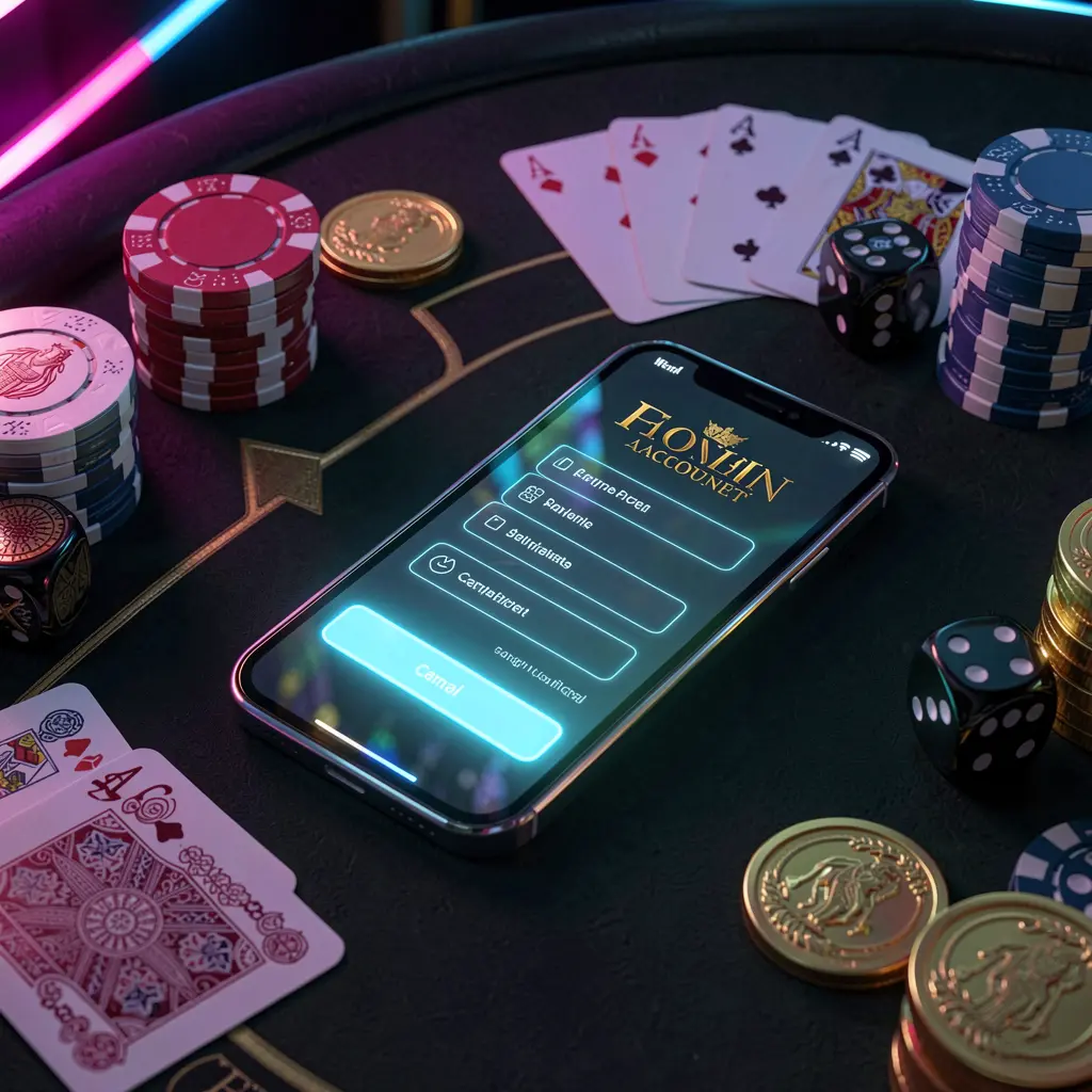 ZAS36 casino account sign in scene with a glowing smartphone on a casino table surrounded by cards, chips, dice, and gold coins, set against an elegant dark background with neon highlights in a realistic 3D render