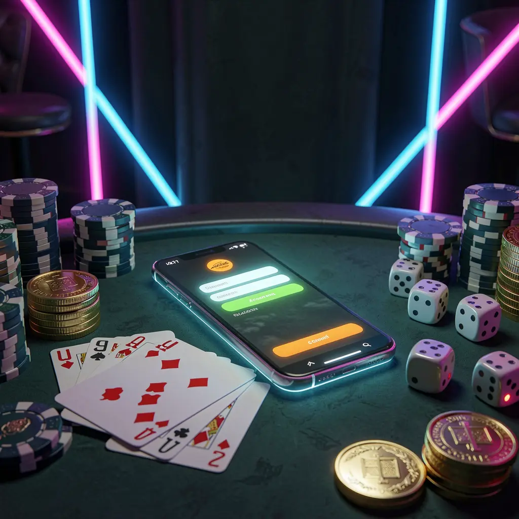 ZAS36 casino account sign in scene with glowing smartphone on casino table surrounded by cards, chips, dice, and gold coins against an elegant dark background with neon highlights