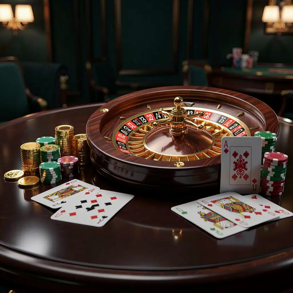 ZAS36 premium online casino banner featuring golden coins, glowing chips, a roulette wheel, and playing cards on a glossy table with an elegant dark background in a high detail realistic 3D render